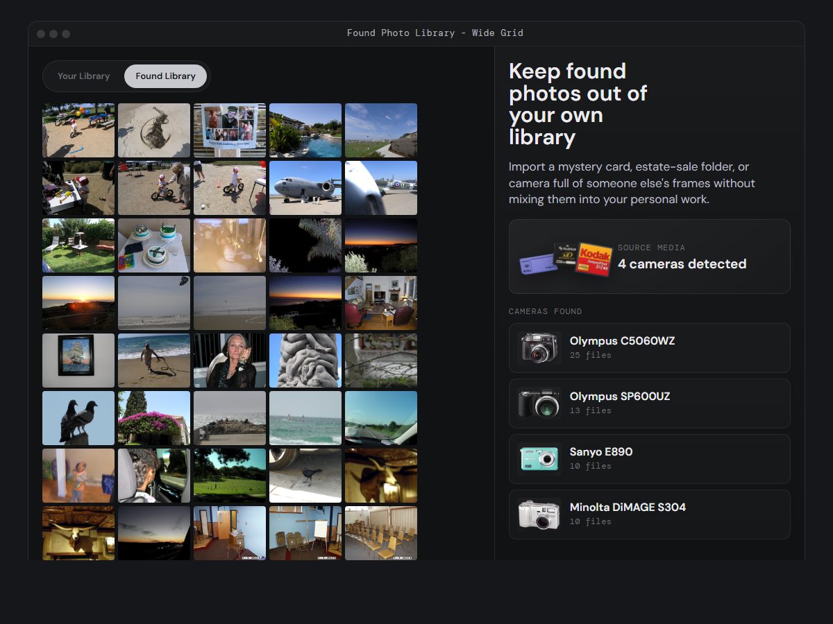DigiCam Lab found photo library showing a dense grid of discovered images and detected cameras