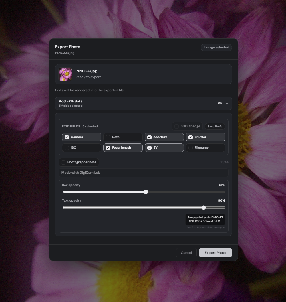 DigiCam Lab EXIF burn-in export window — choose which fields appear on the photo