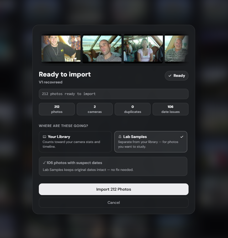 DigiCam Lab import dialog showing Lab Samples as a separate destination from your personal library